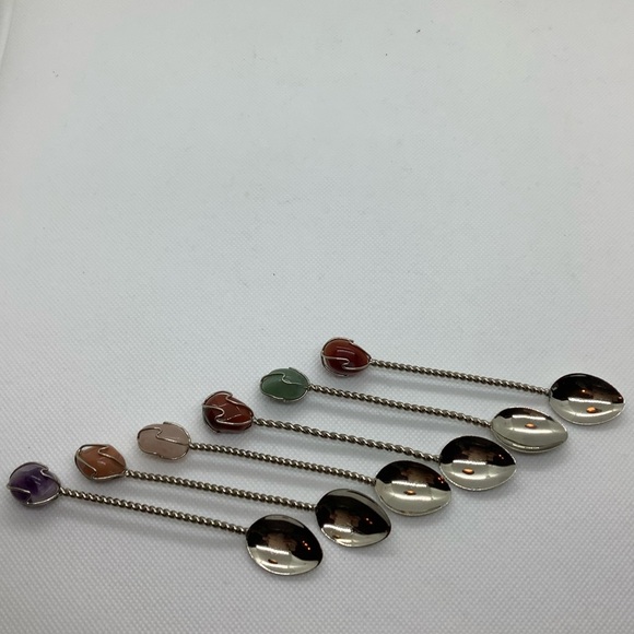 Silver Tone Twisted Semi Precious Gemstone Handle Demitasse Spoons Set of 6 - Picture 7 of 16